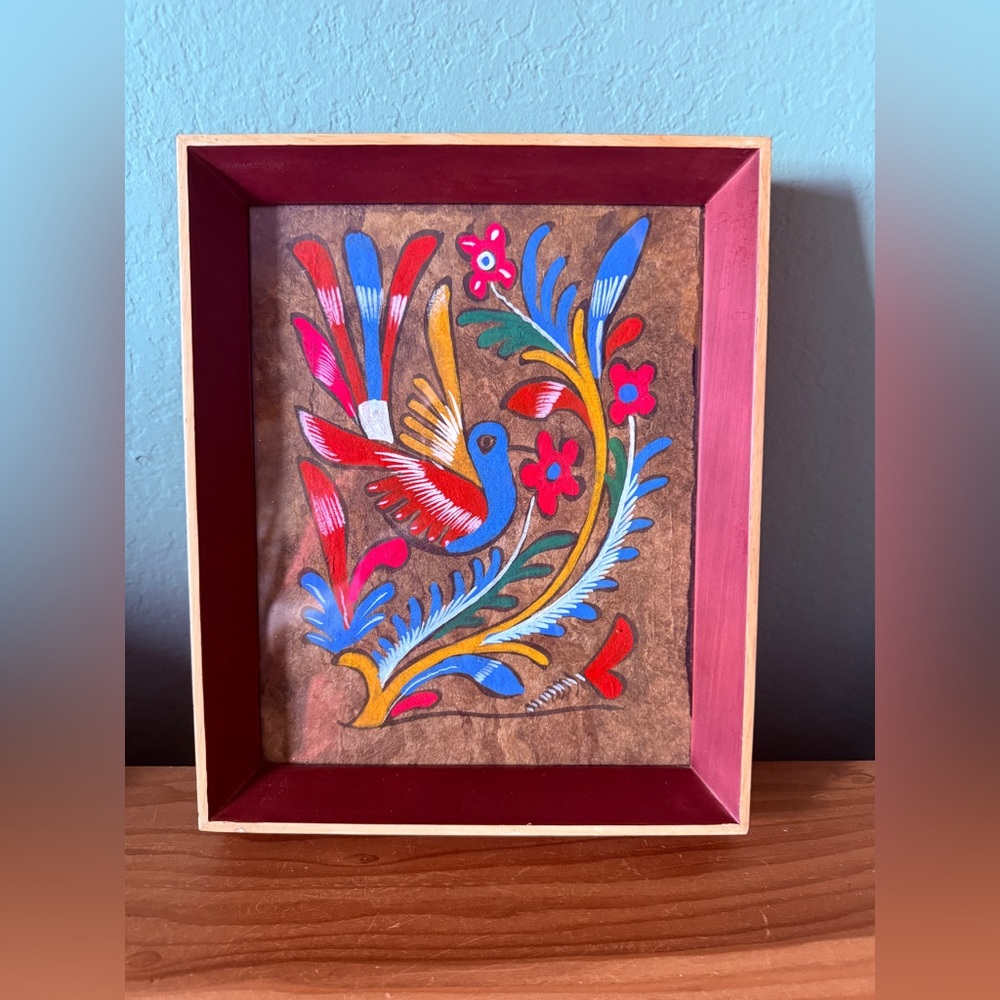 Mexican Folk Art Bird Painting in Shadow Box Frame, Hand-Painted, Double Glass